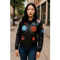 Top Gun Leder-Bomberjacke mit Patches