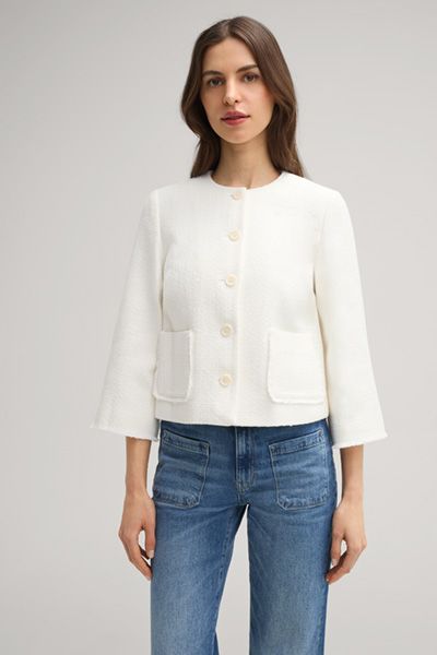Kragenlose Bouclé-Jacke mit Fransen