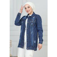 Lange Jeansjacke mit Distressed-Details