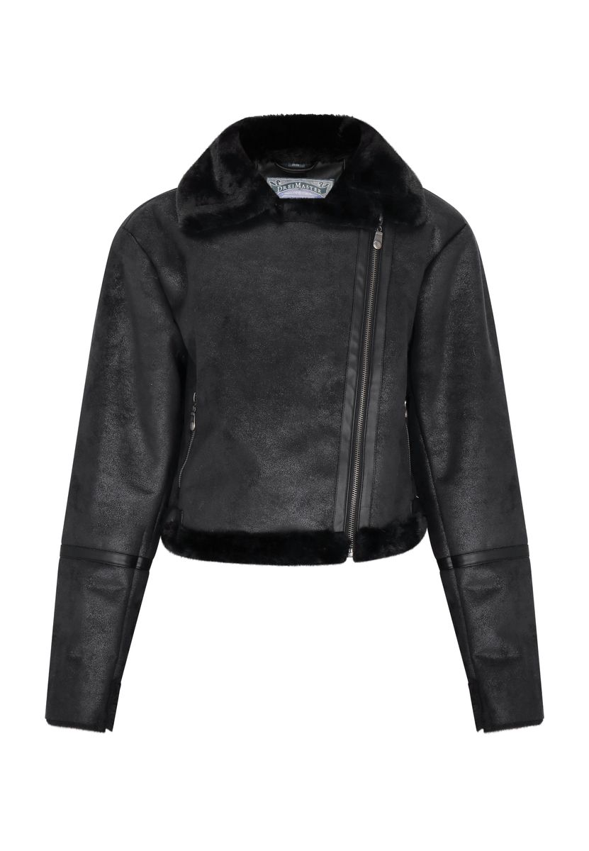 Kurze Jacke in Wildlederoptik mit Kunstfellbesatz