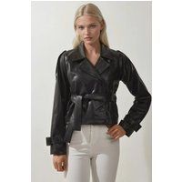 Doppelreihige Kunstlederjacke mit Gürtel