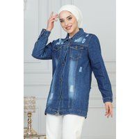 Lange Jeansjacke mit Knöpfen und Waschung