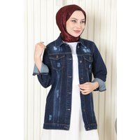 Lange Jeansjacke mit Distressed-Effekten