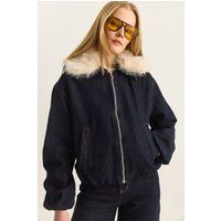 Denim-Bomberjacke mit Kunstfell