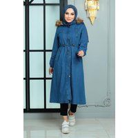 Denim-Trenchcoat mit Kapuze und Kordelzug