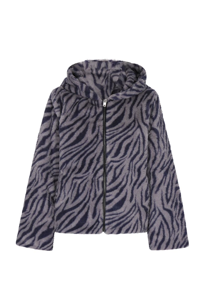 Kapuzenjacke aus Kunstpelz mit Zebramuster