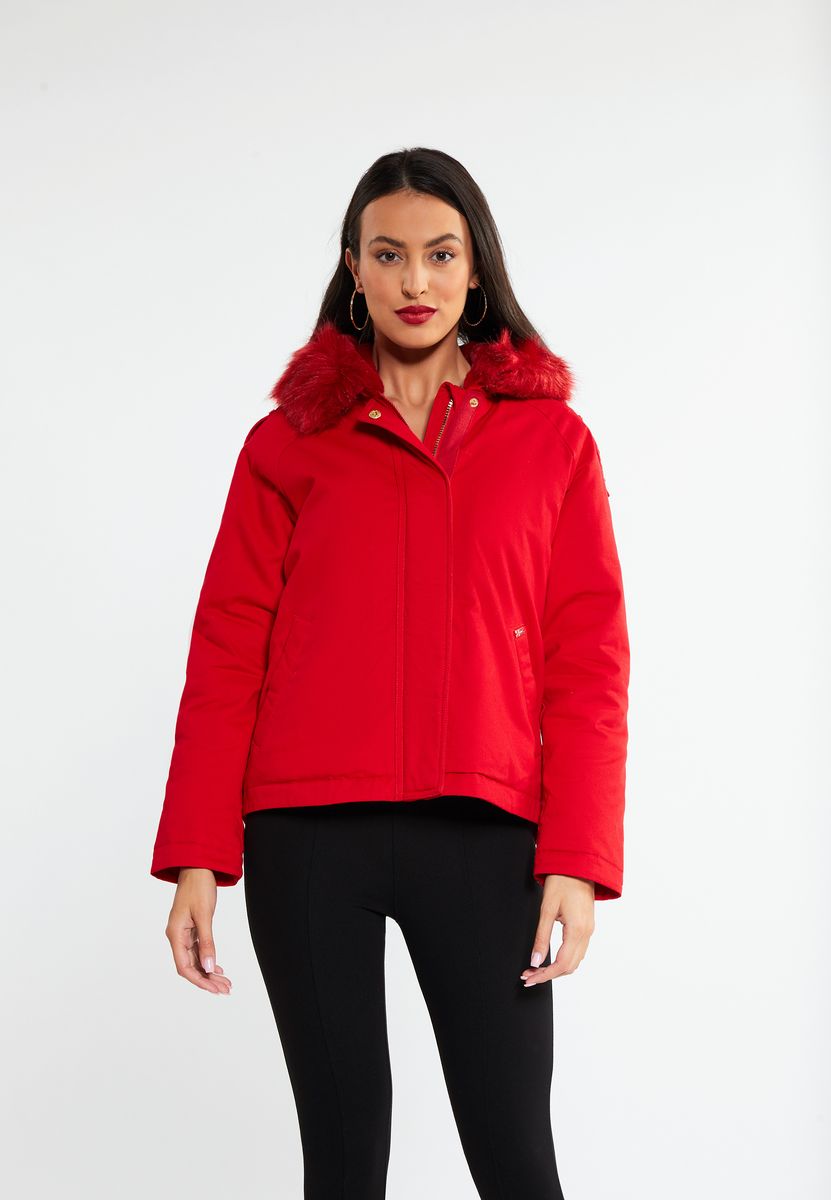 Wattierte Winterjacke mit Kunstfellkapuze