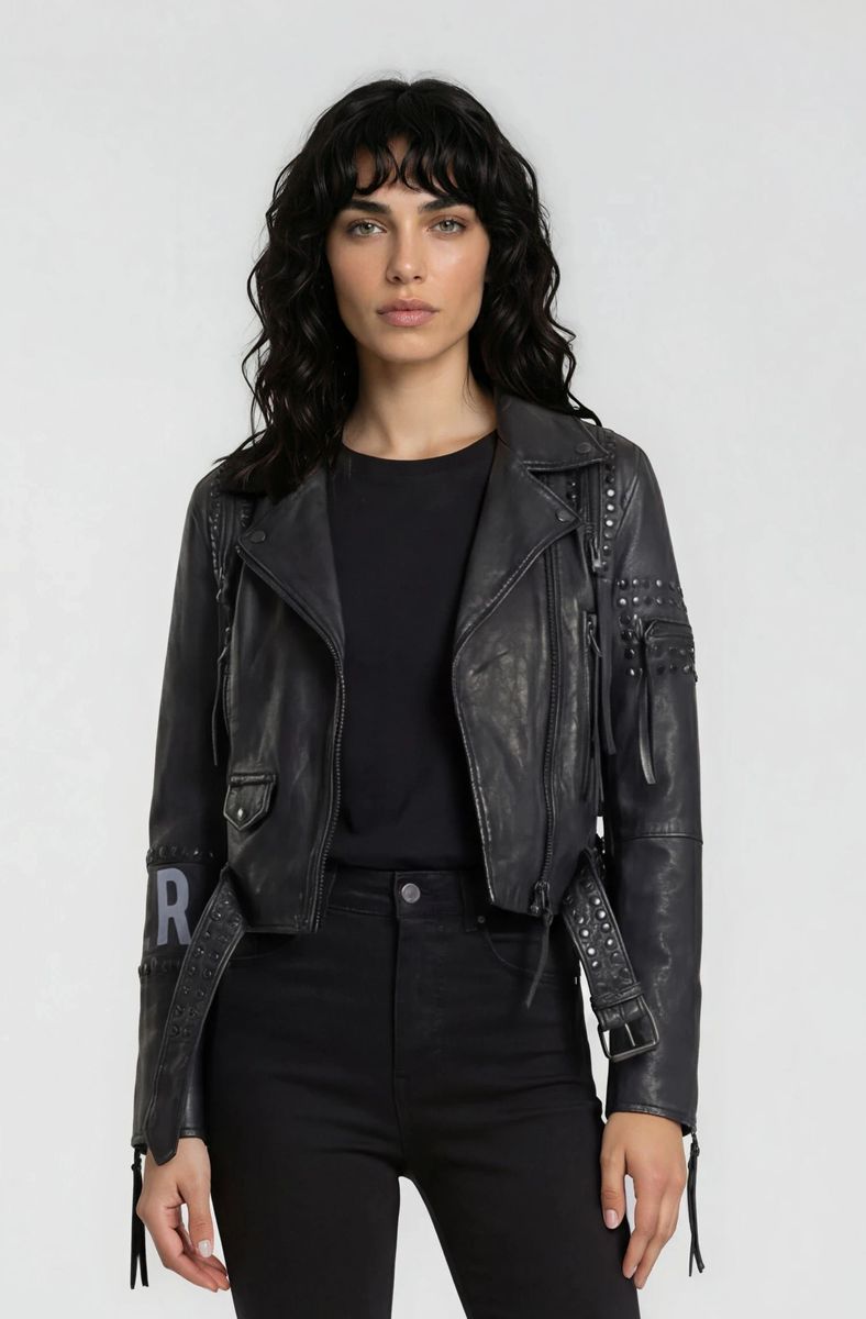 Biker-Lederjacke mit Nieten und Rückenprint