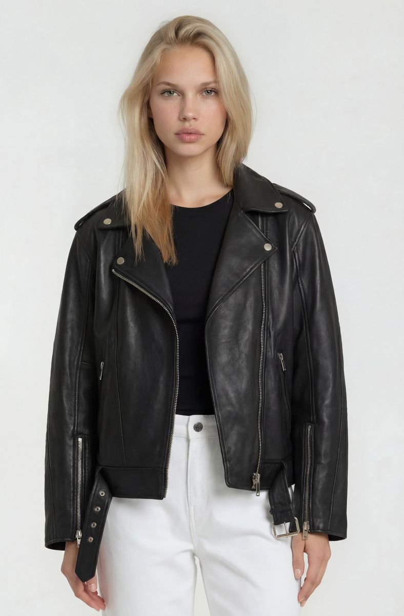 Oversized Biker-Lederjacke mit asymmetrischem Reißverschluss