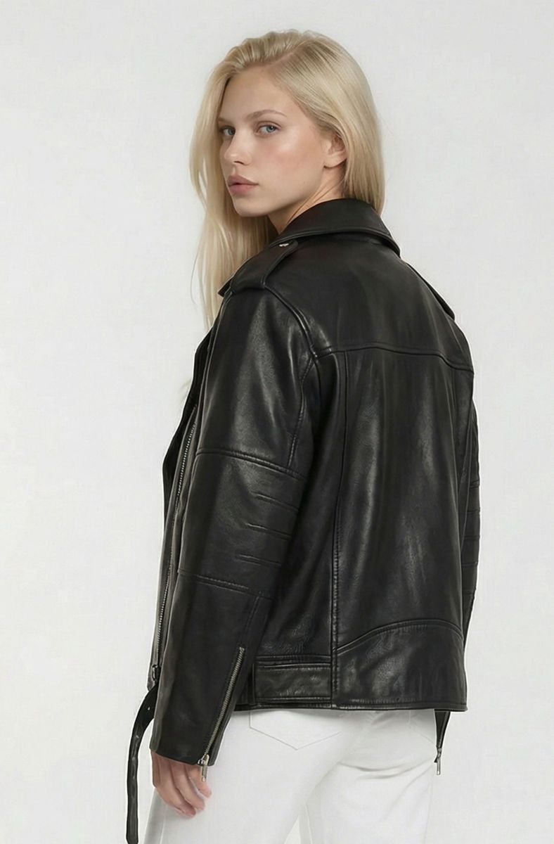 Oversized Biker-Lederjacke mit asymmetrischem Reißverschluss