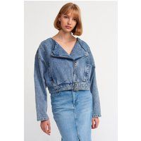 Asymmetrische Jeans-Bikerjacke mit Gürtel