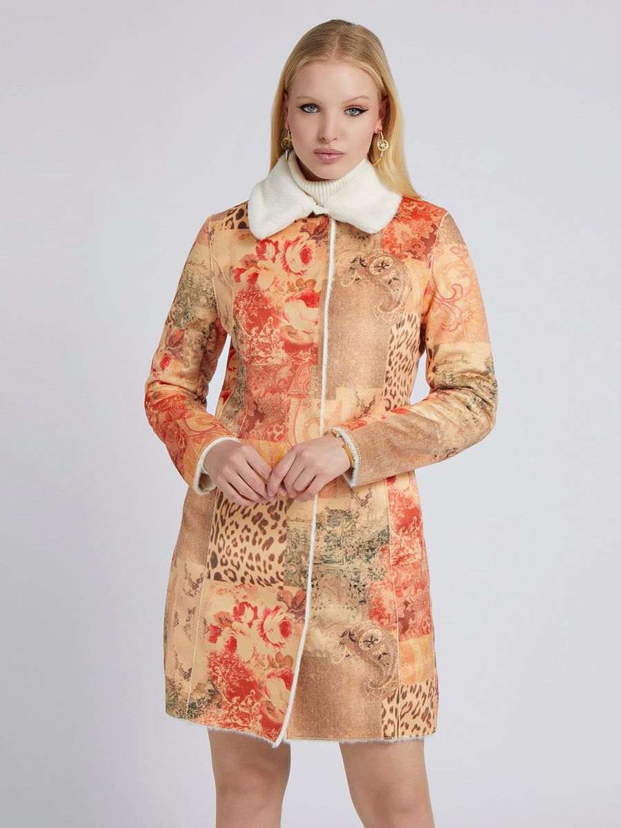Wende-Mantel mit Patchwork-Muster und Kunstfell