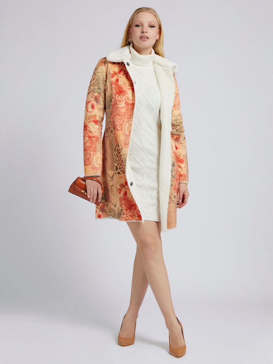 Wende-Mantel mit Patchwork-Muster und Kunstfell