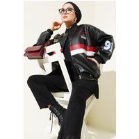 Oversized Color-Block Bomberjacke aus Kunstleder