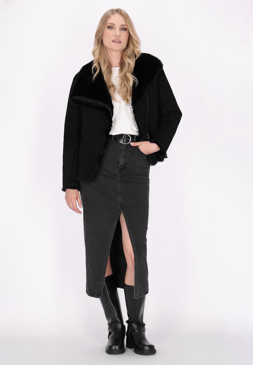 Asymmetrische Lammfell-Lederjacke