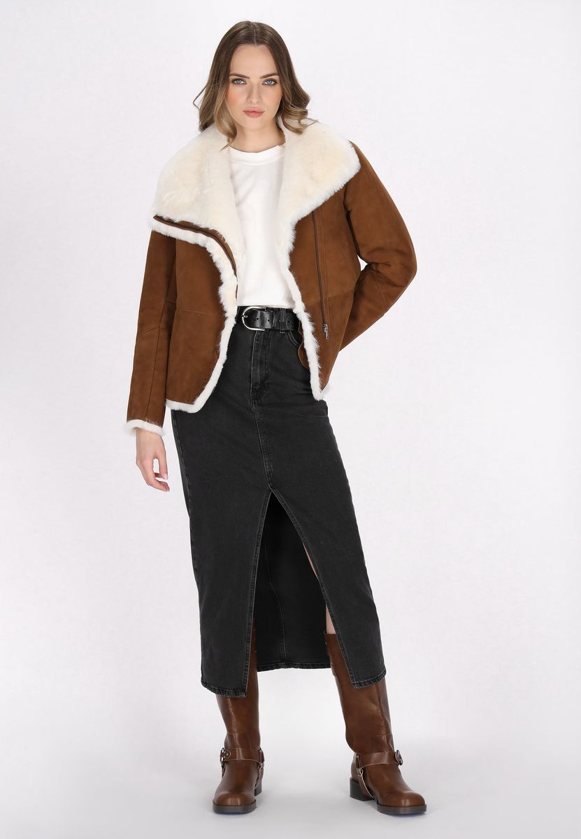 Asymmetrische Lammfell-Lederjacke im Biker-Stil