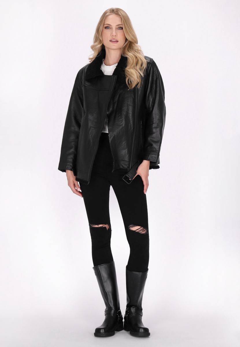 Übergroße Leder-Lammfell-Fliegerjacke