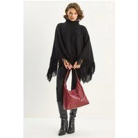 Strick-Poncho mit Rollkragen und Fransen