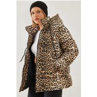Leopard-Pufferjacke mit Reißverschlusskragen