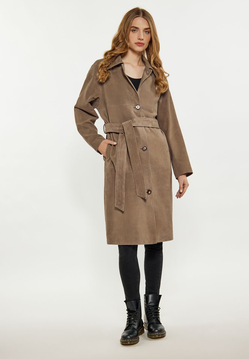 Eleganter Veloursledermantel mit Gürtel