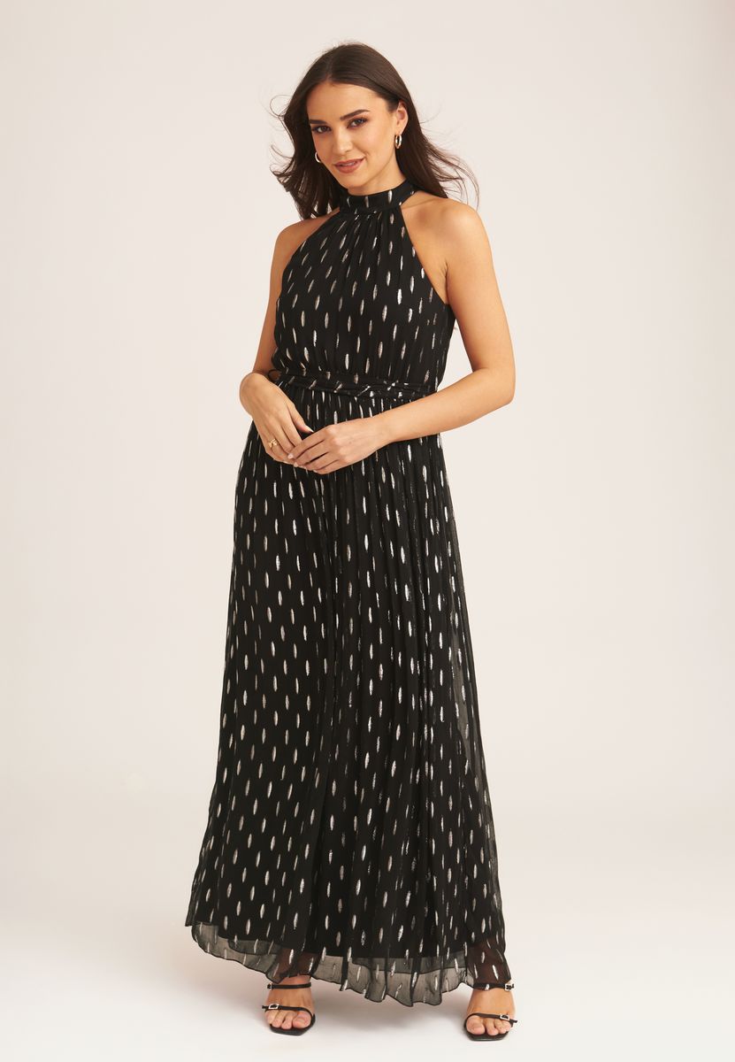 Plissiertes Metallic-Maxikleid mit Neckholder