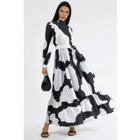 Maxikleid mit abstraktem Print und Rüschenkragen