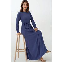 Strukturiertes Langarm-Maxikleid mit Gürtel
