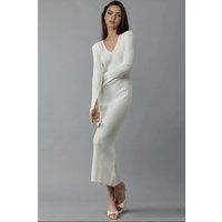 Geripptes V-Ausschnitt Maxi-Strickkleid