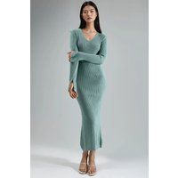 Texturiertes Strick-Maxikleid mit V-Ausschnitt