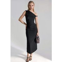 Midi-Kleid mit asymmetrischem Ausschnitt und Raffung