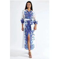 Geblümtes Midi-Hemdblusenkleid mit Gürtel