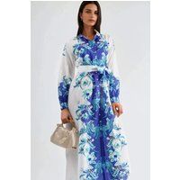 Gemustertes Midi-Hemdblusenkleid mit Gürtel