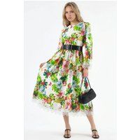Florales A-Linien-Midikleid mit Gürtel