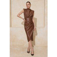 Ärmelloses drapierte Kunstleder-Midikleid