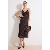Kariertes Midi-Slipkleid mit Spitze