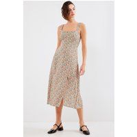 Florales Midi-Schlitzkleid mit Karree-Ausschnitt