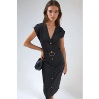 Elegantes Midi-Kleid mit V-Ausschnitt und Gürtel