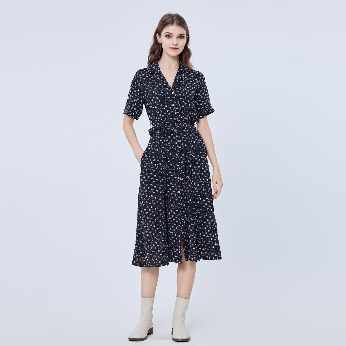Retro-Print Hemdblusenkleid in Midi-Länge