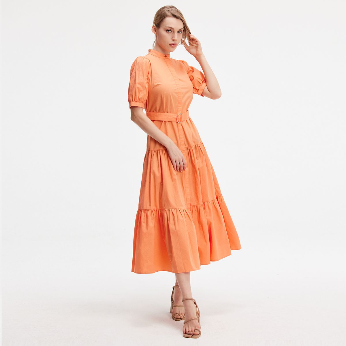 Gestuftes Midi-Hemdkleid aus Baumwolle