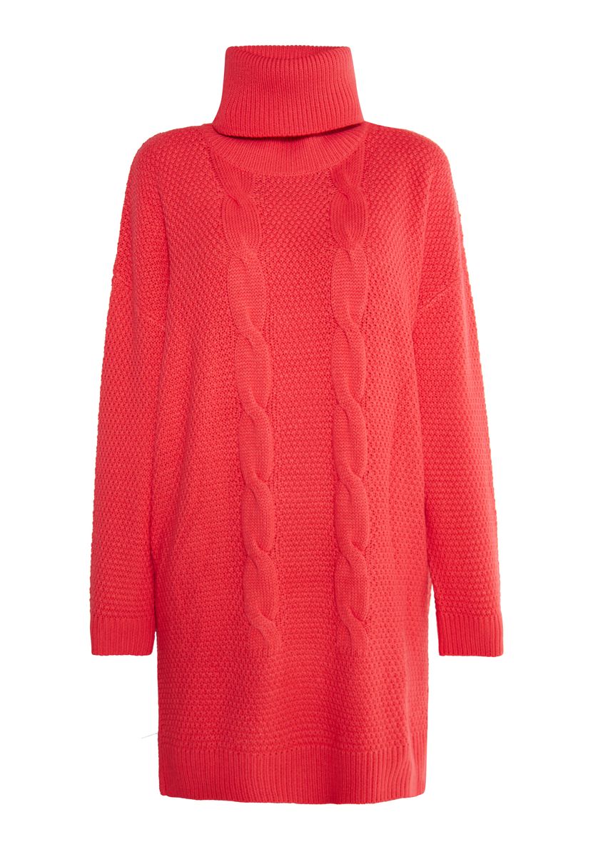 Grober Rollkragen-Strickkleid mit Zopfmuster