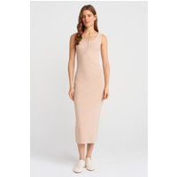 Geripptes Henley-Ausschnitt Midikleid