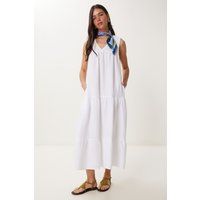 Gestuftes Midi-Kleid mit V-Ausschnitt