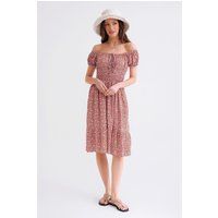 Schulterfreies Midi-Blumenkleid mit Raffung