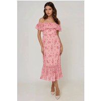 Schulterfreies Midikleid mit floralen Rüschen
