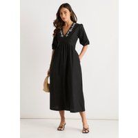 Besticktes Midikleid mit Puffärmeln