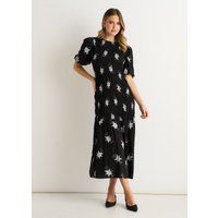 Gesmoktes Midi-Kleid mit Blumenstickerei