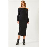 Schulterfreies Ripp-Midi-Kleid