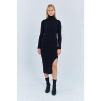 Geripptes Rollkragen Midi-Strickkleid
