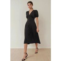 Midi-Kleid mit Puffärmeln und V-Ausschnitt