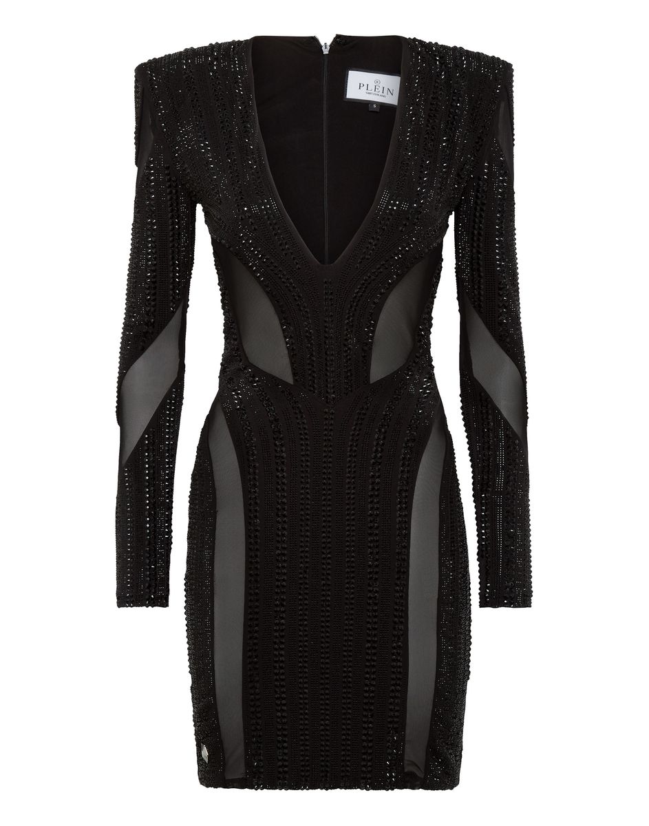 Minikleid mit Steinbesatz und Schulterpolstern